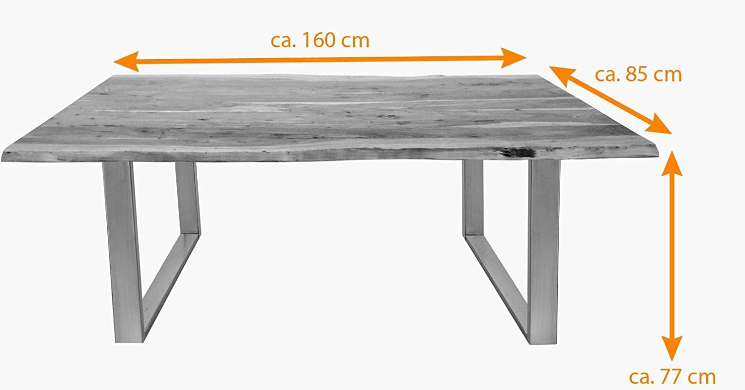 SAM Baumkantentisch 160x85 cm Quarto, Akazienholz massiv + naturfarben, Esstisch mit silbernem U-Gestell, Esszimmertisch/Holztisch Industrial-Design, Tischplatte 26 mm