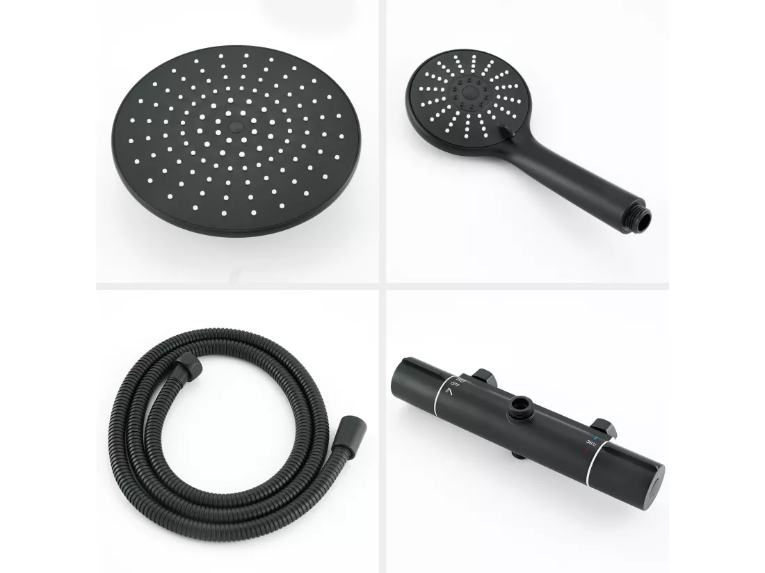 AURALUM MAX Colonne Douche Thermostatique Noir avec Mitigeur Thermostatique de 38°C,Colonne Douche Réglable Hauteur,Tête Douche/Pommeau à Main 3 Jets