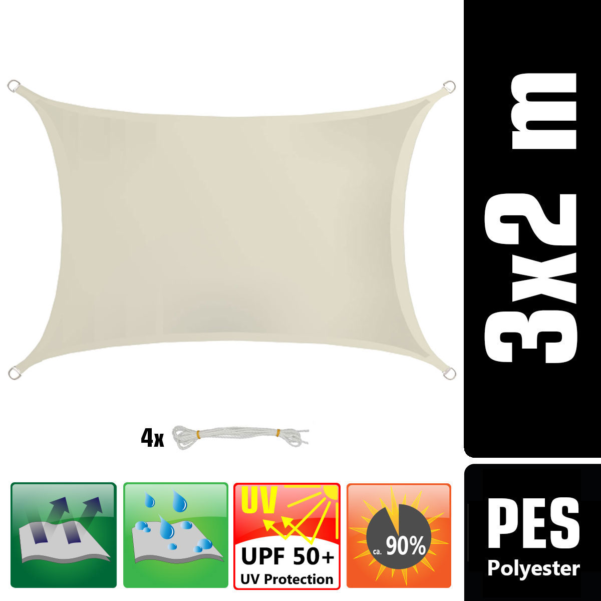 AMANKA 2 x 3 waterdicht schaduwdoek met bevestigingsset - Beige