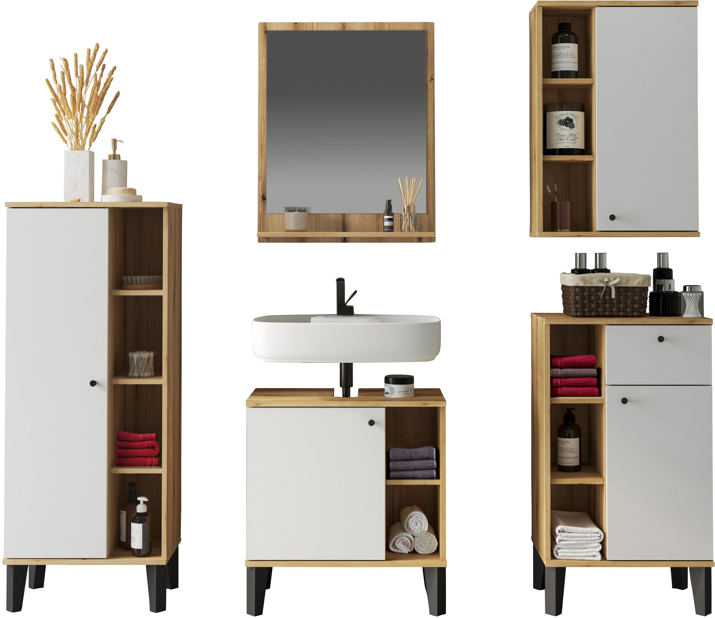 INOSIGN Badmöbel-Set »OSLO, Bad im skandinavischen Design, 5-teiliges Badezimmer« Set, 5 Stk. tlg.