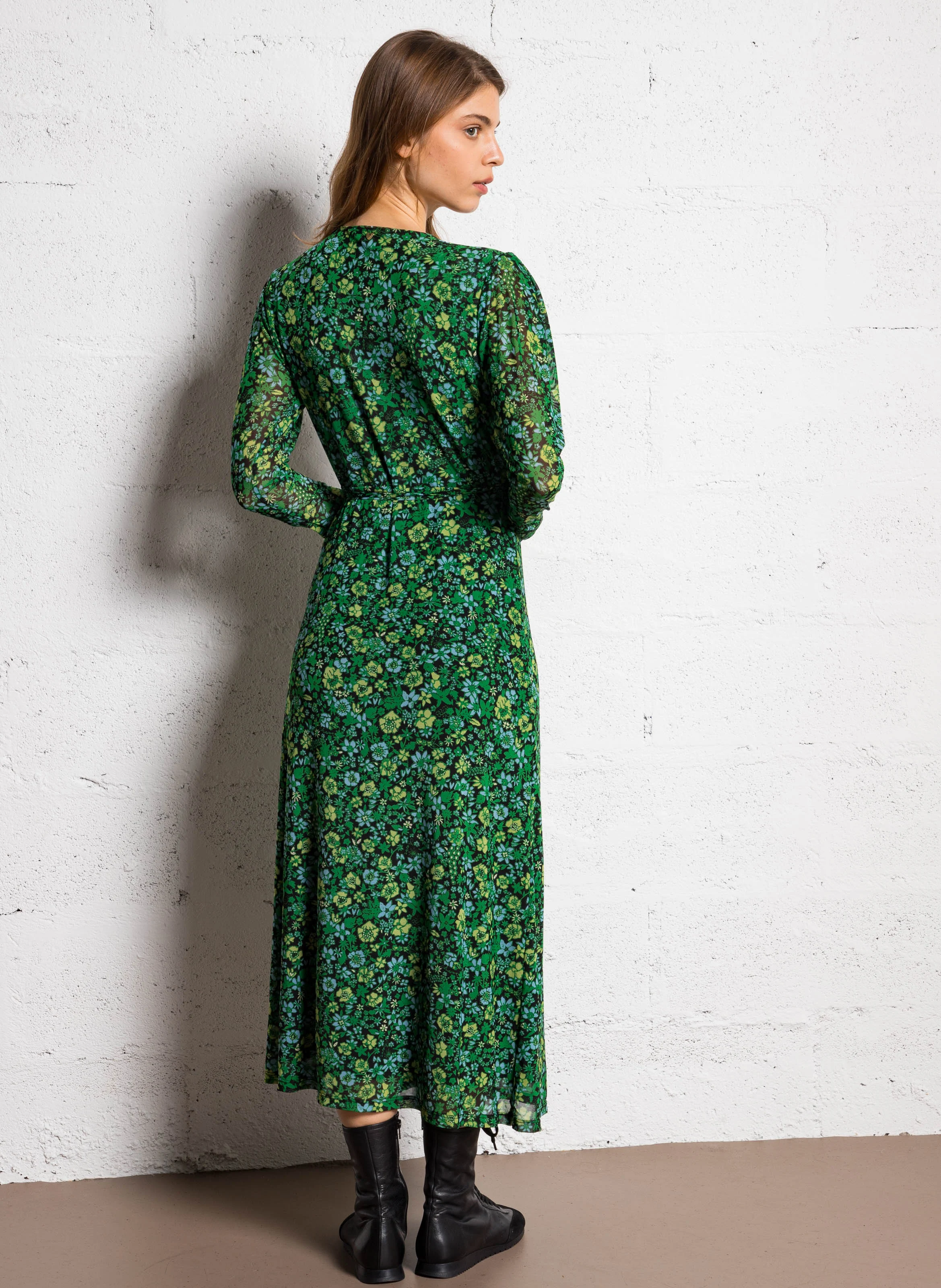 NATALIE - Robe longue imprimée en fibres recyclées mélangées | Vert