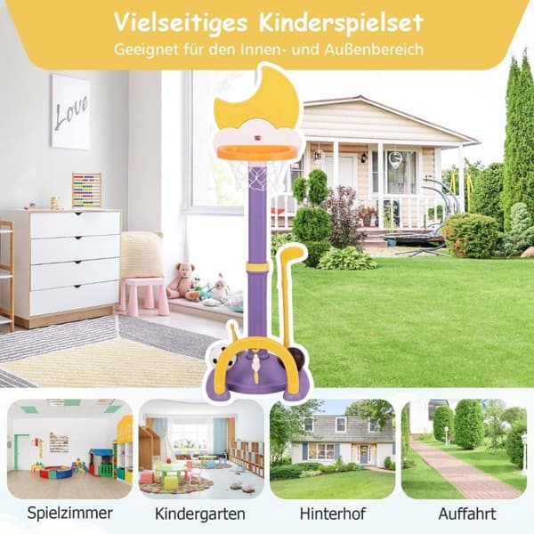 4 i 1 basketballkurvesett for barn med basketball & Fotball & Ringkasting basketballstativ gul