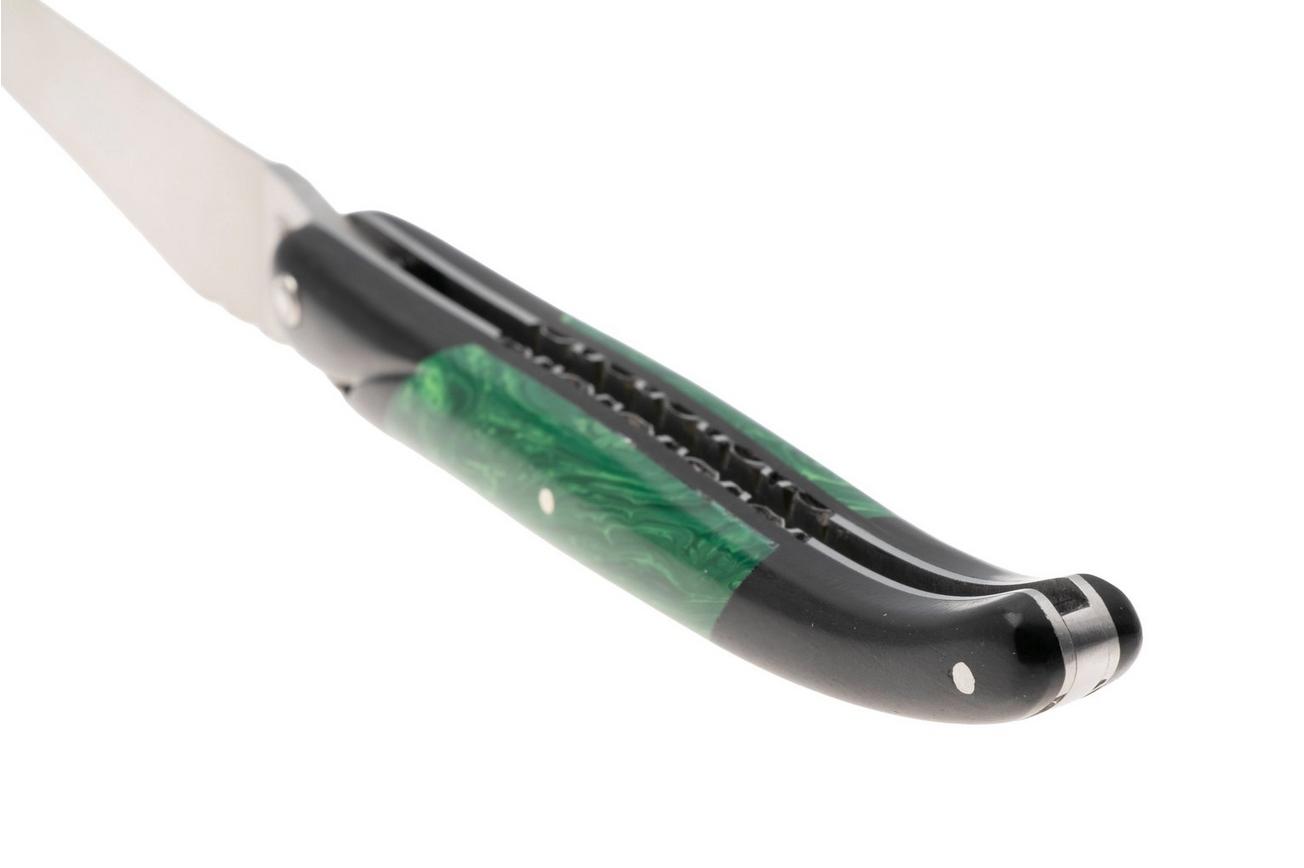 Laguiole en Aubrac Ebony, Malachite Inlay, Handcarved Plates, zakmes, 12 cm