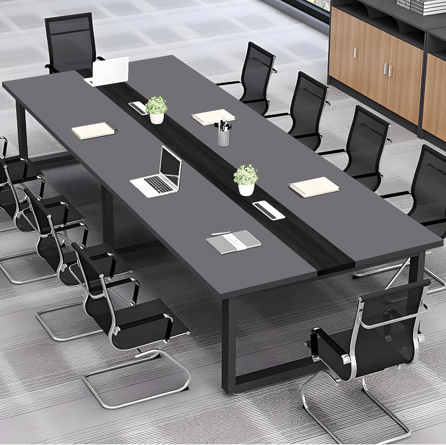 Großer Konferenztisch Büro – Moderner Besprechungstisch mit Kabelmanagement, Rechteckiger Meetingtisch für 8–12 Personen, Stabiler Metallrahmen (ohne Stühle)