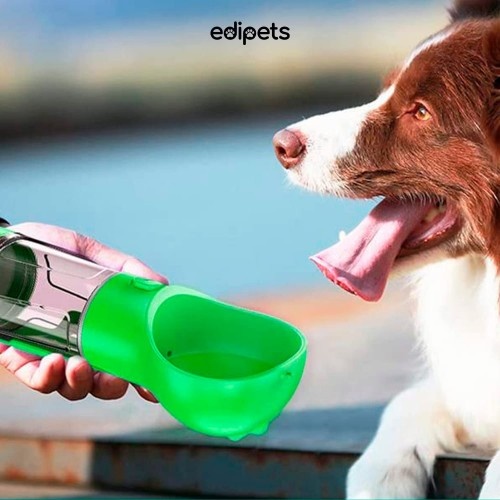 Tigela de água portátil Edipets com dispensador de sacos, verde, para cães.