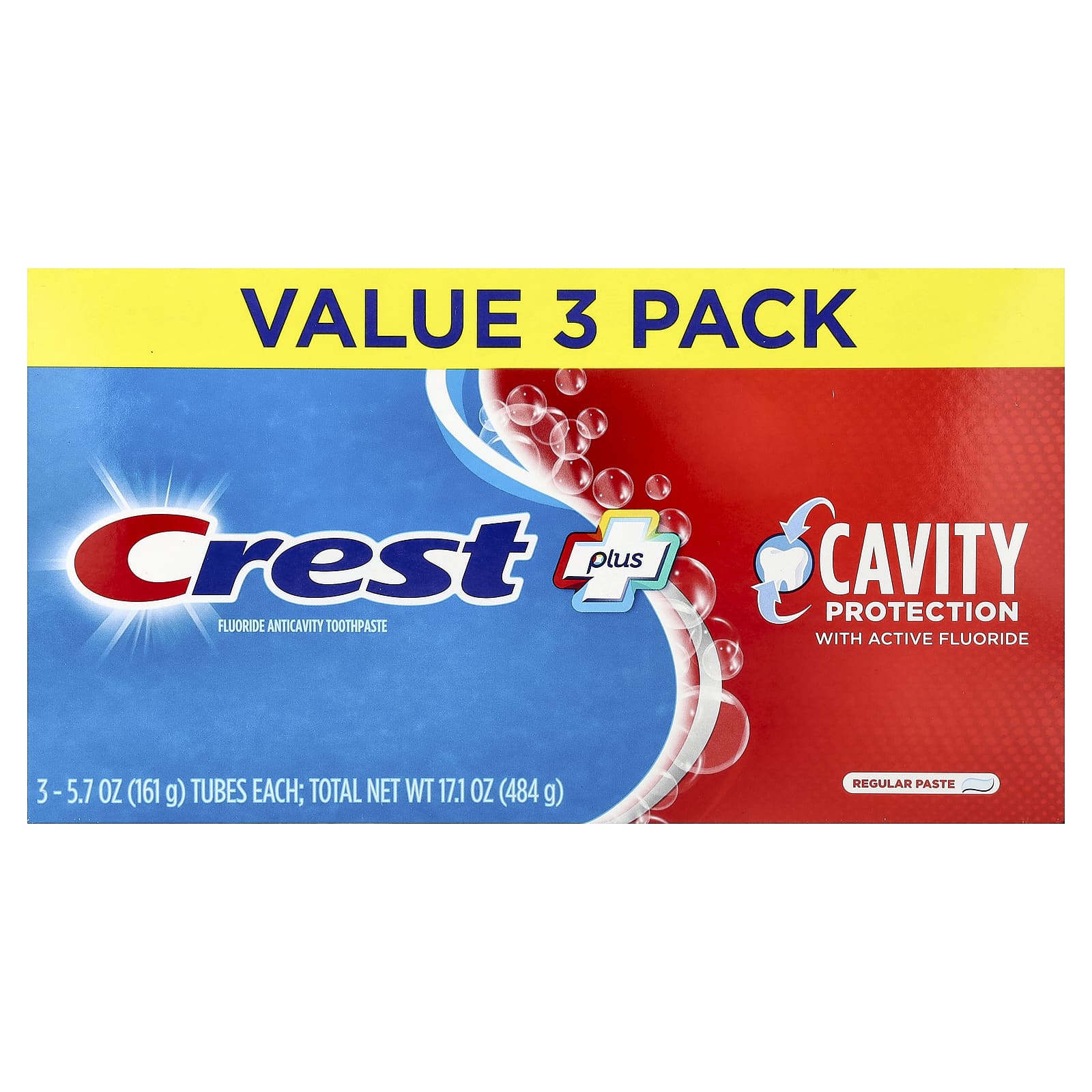 Crest, Bescherming tegen gaatjes, fluoride tandpasta tegen gaatjes, normale pasta, verpakking van 3 stuks, elk 161 g