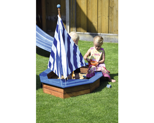 Dobar scheepsvormige zandbak, 180 x 96 x 125 cm, hout, blauw, zeshoekig, randbescherming, weerbestendig