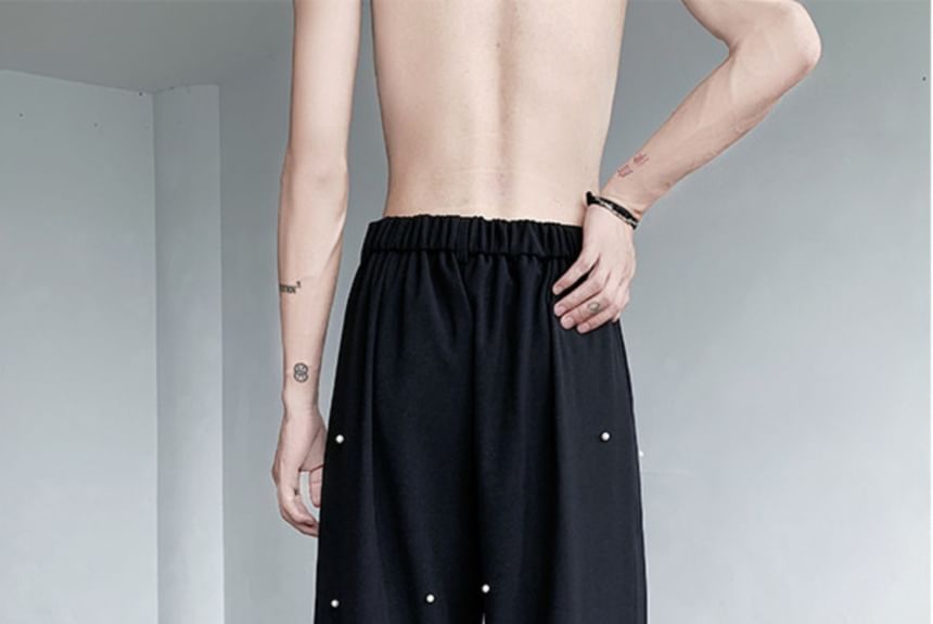 Freehop - Hoge taille, kralen, effen, wijde pijpen broek