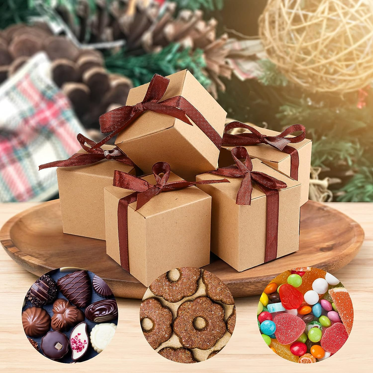 (50er Set) 55x55mm Mini Geschenk Schachtel Faltbare Gift Box inkl. Schleifen - Braun