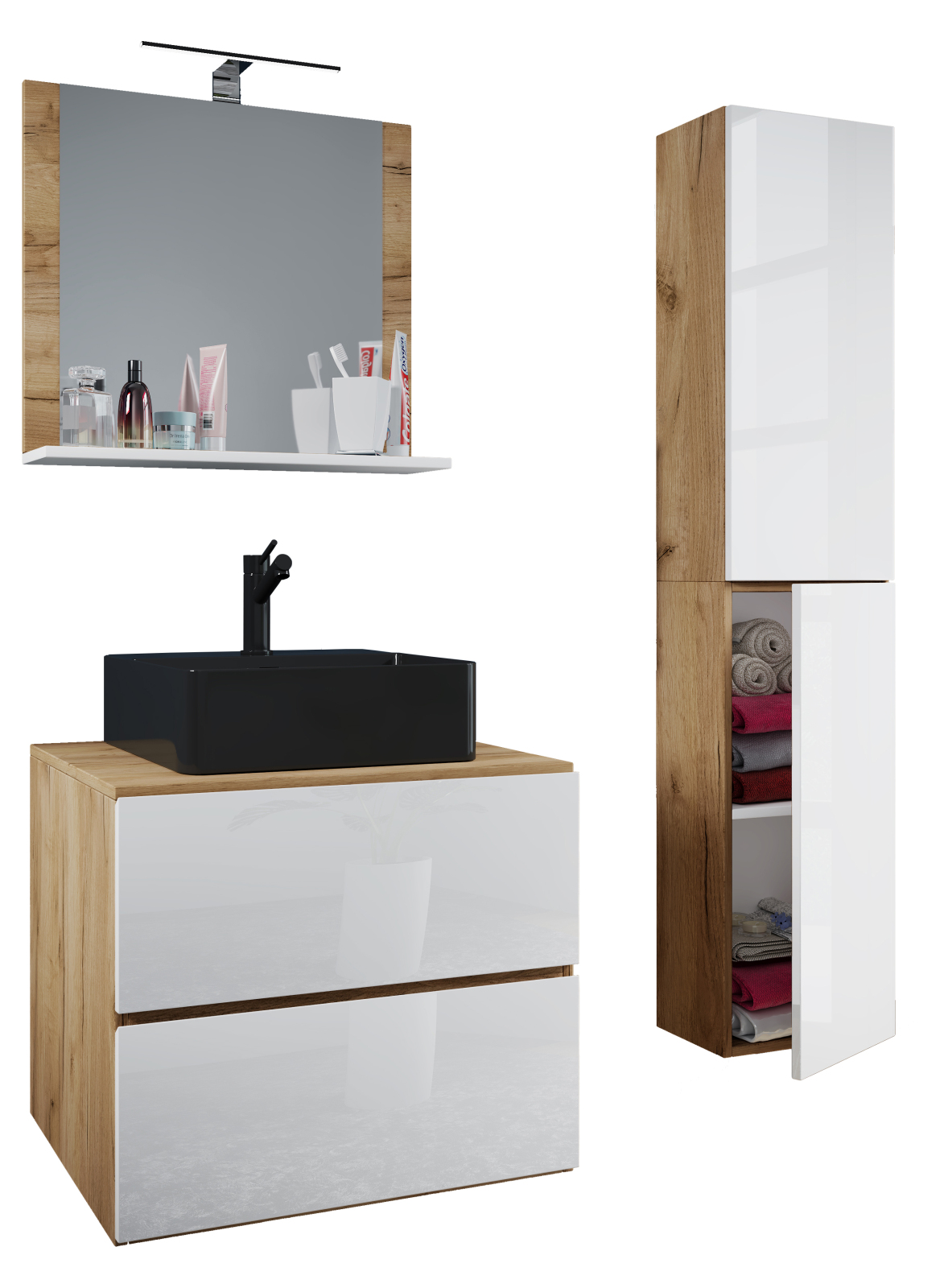 4-teiliges Badmöbel-Set LENDAS BL L - weiß-Honig Eiche - mit Hochschrank - 94 cm