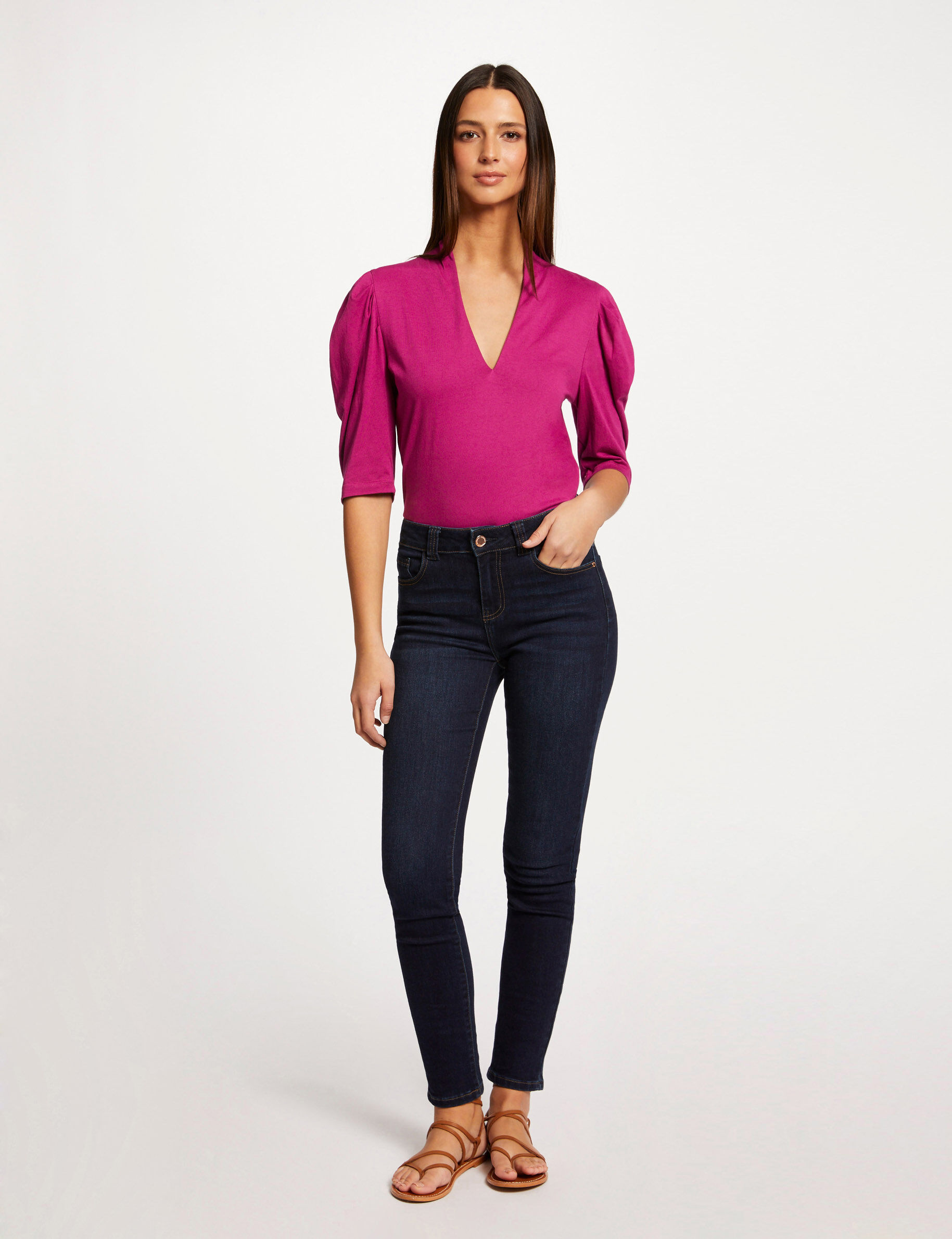 T-shirt manches 3/4 ballons framboise femme - framboise