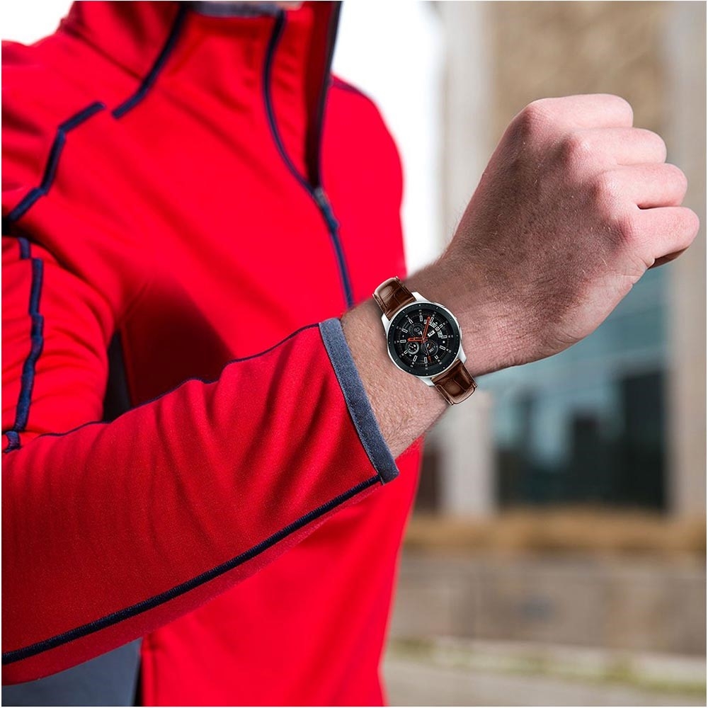 Samsung Galaxy Watch 46mm / Gear S3 Classic / S3 Frontier Ersatz Echtleder Armband im Kroko Look - Dunkelbraun