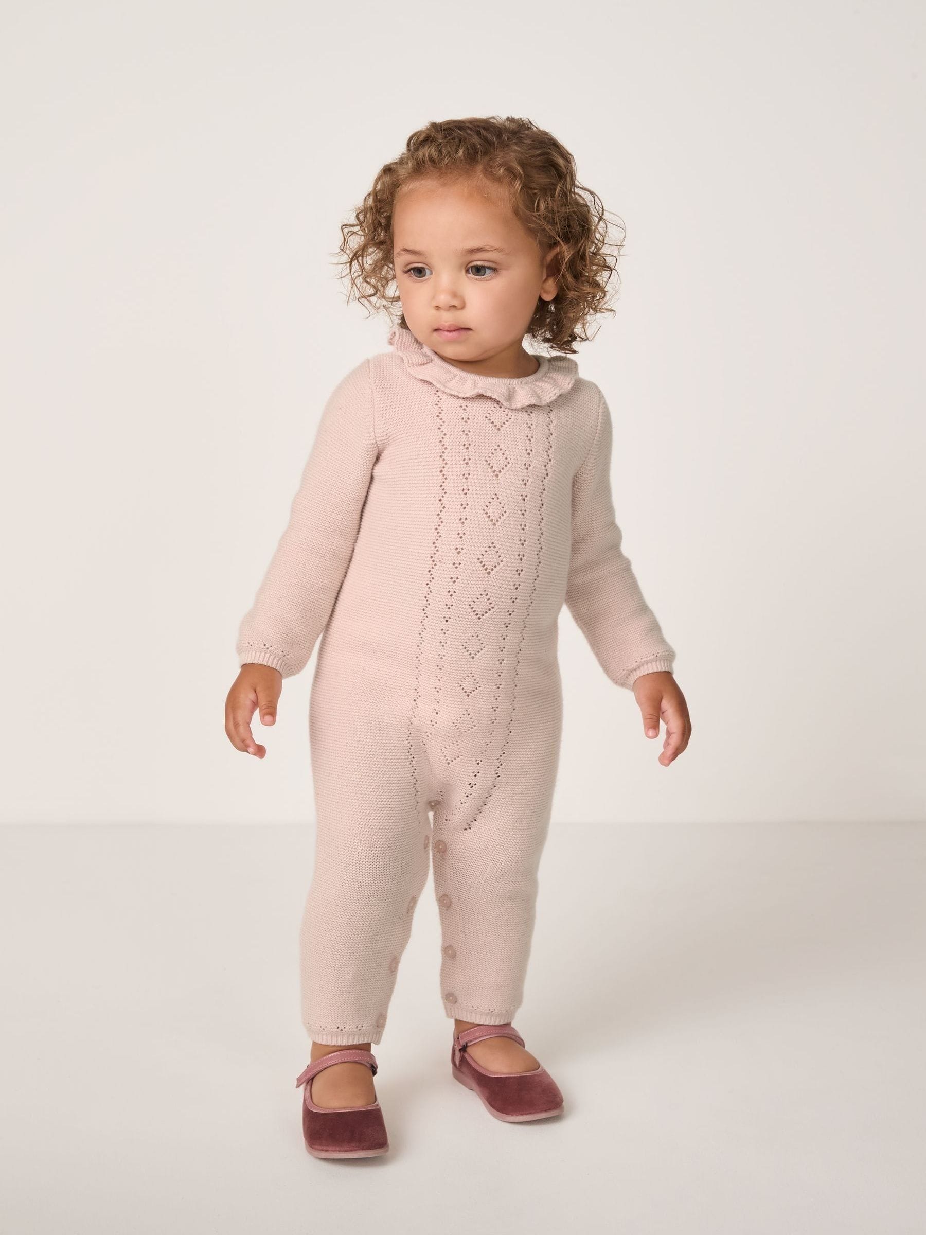 The White Company Baby Pink Cotton Blend Pointelle Knitted Rompersuit