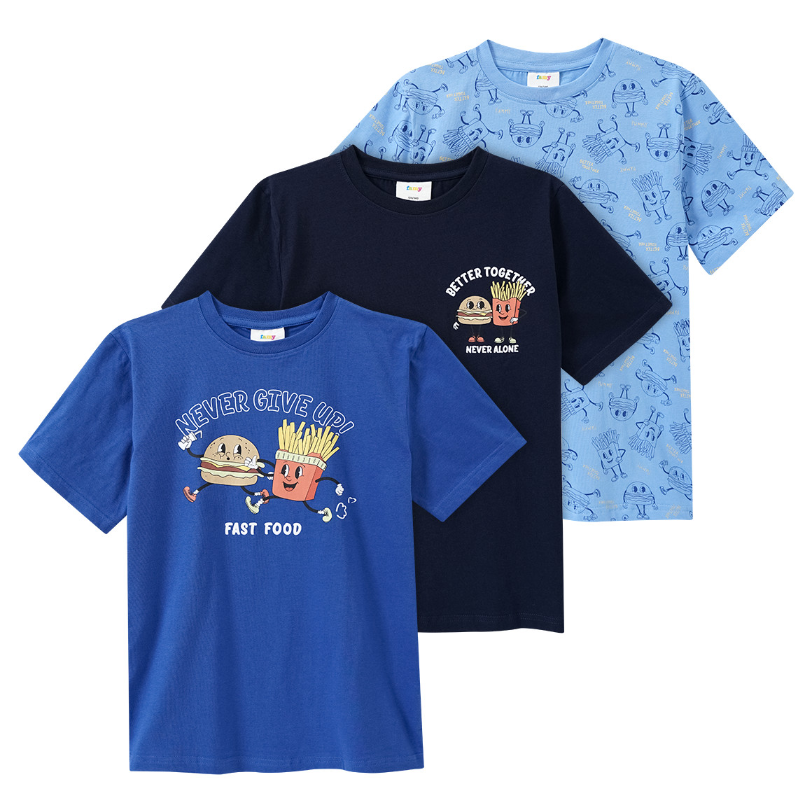 Famy 3 Jungen T-Shirts mit Fast Food Prints blau / dunkelblau / hellblau
