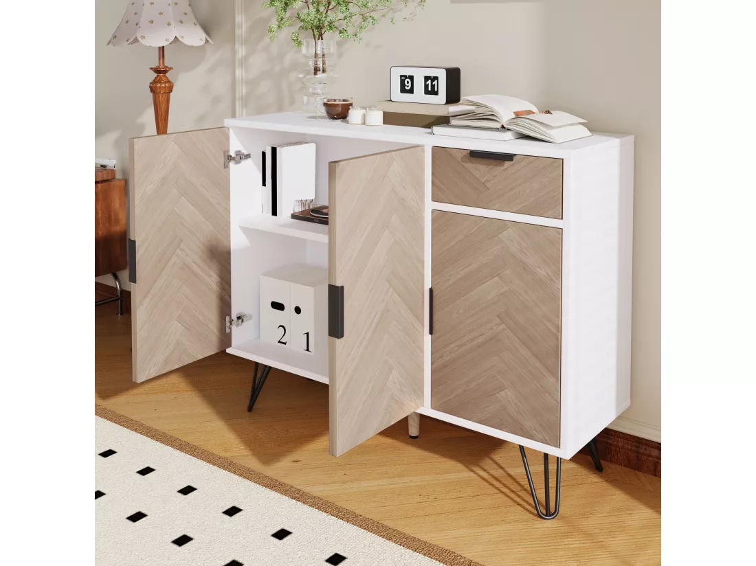 Armoire de rangement moderne, meuble en blanc et imitation bois avec tiroir et étagères réglables en hauteur (90 x 30 x 71,5 cm)