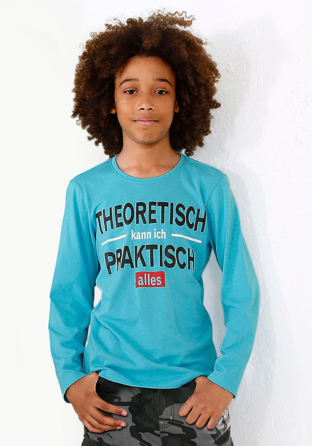 KIDSWORLD Langarmshirt »THEORETISCH KANN ICH PRAKTISCH ALLES«, Langarm,  Basic-Passform,  mit stylischem Druck,  aus Baumwolle