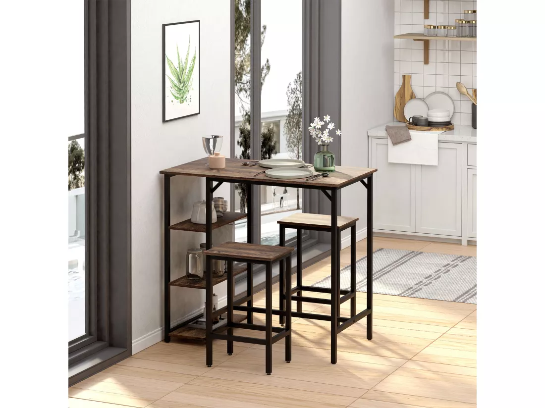 Ensemble table de bar 3 étagères 2 tabourets style industriel métal noir aspect vieux bois veinage