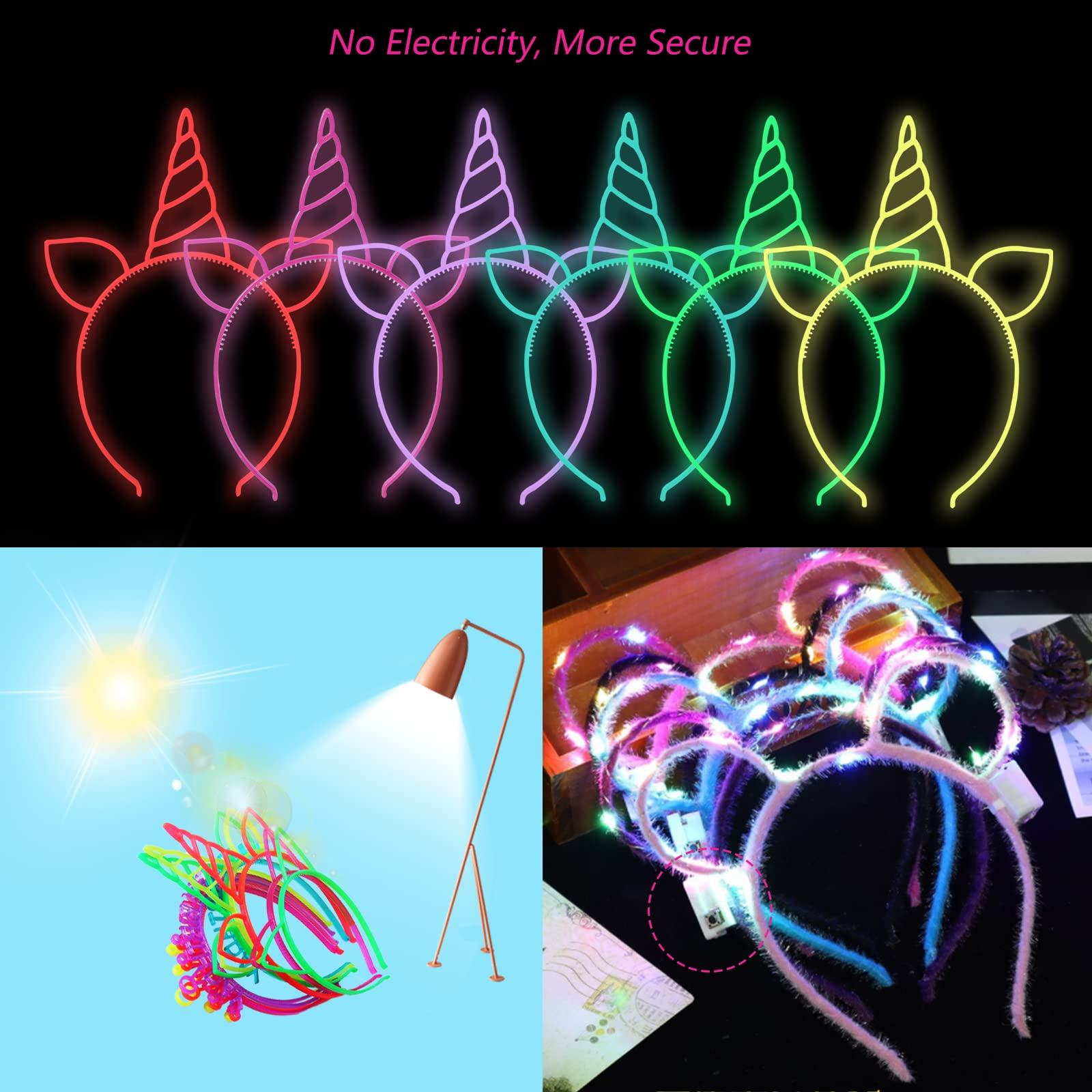 (12er Set) Neon Einhorn Haarreif Fasnachts Kostüm Zubehör Motto Party Glow in the Dark Accessoire Halloween Foto Requisite - Assortiert