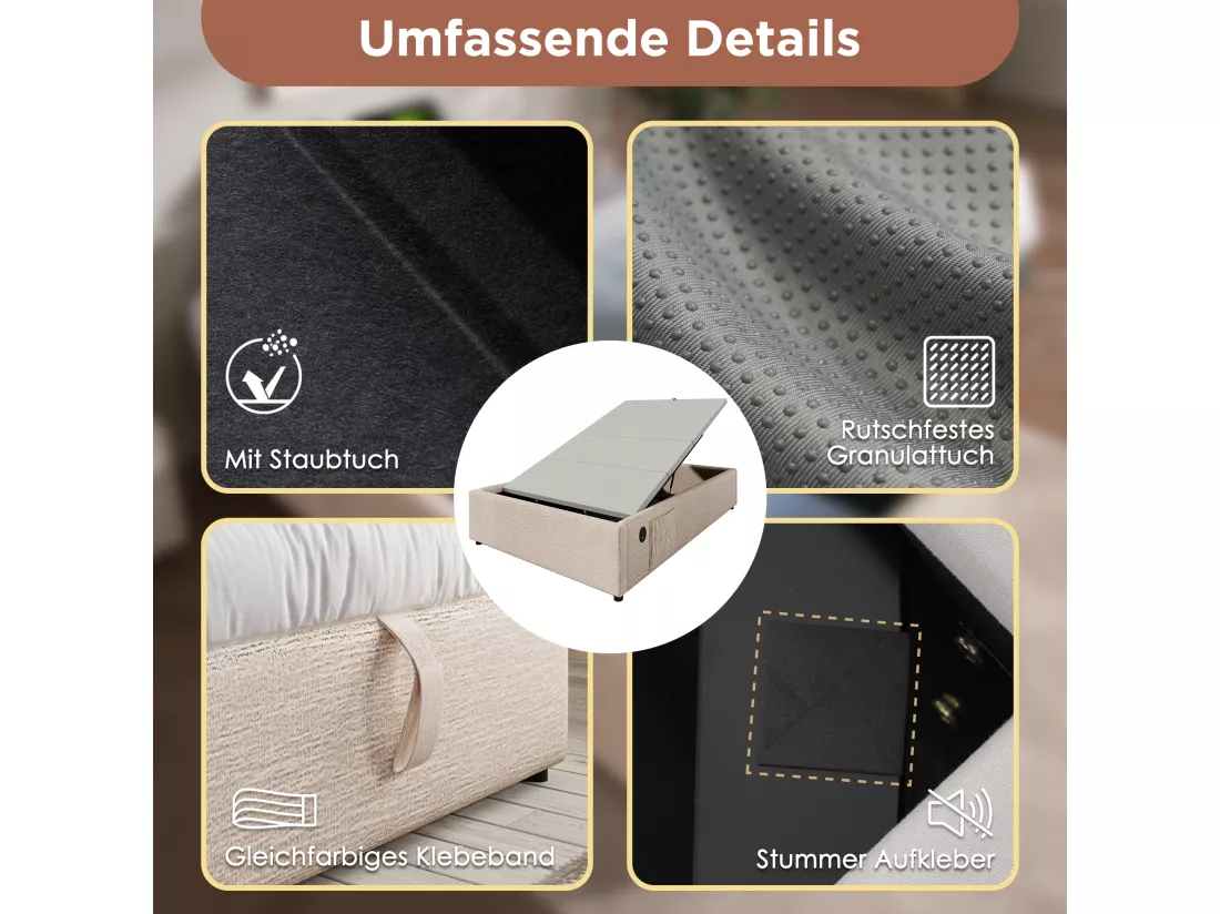 Lit coffre 90 x 200 cm sans tête de lit - 2 poches latérales et prises USB + Type-C - Tissu en lin - Beige (sans matelas)