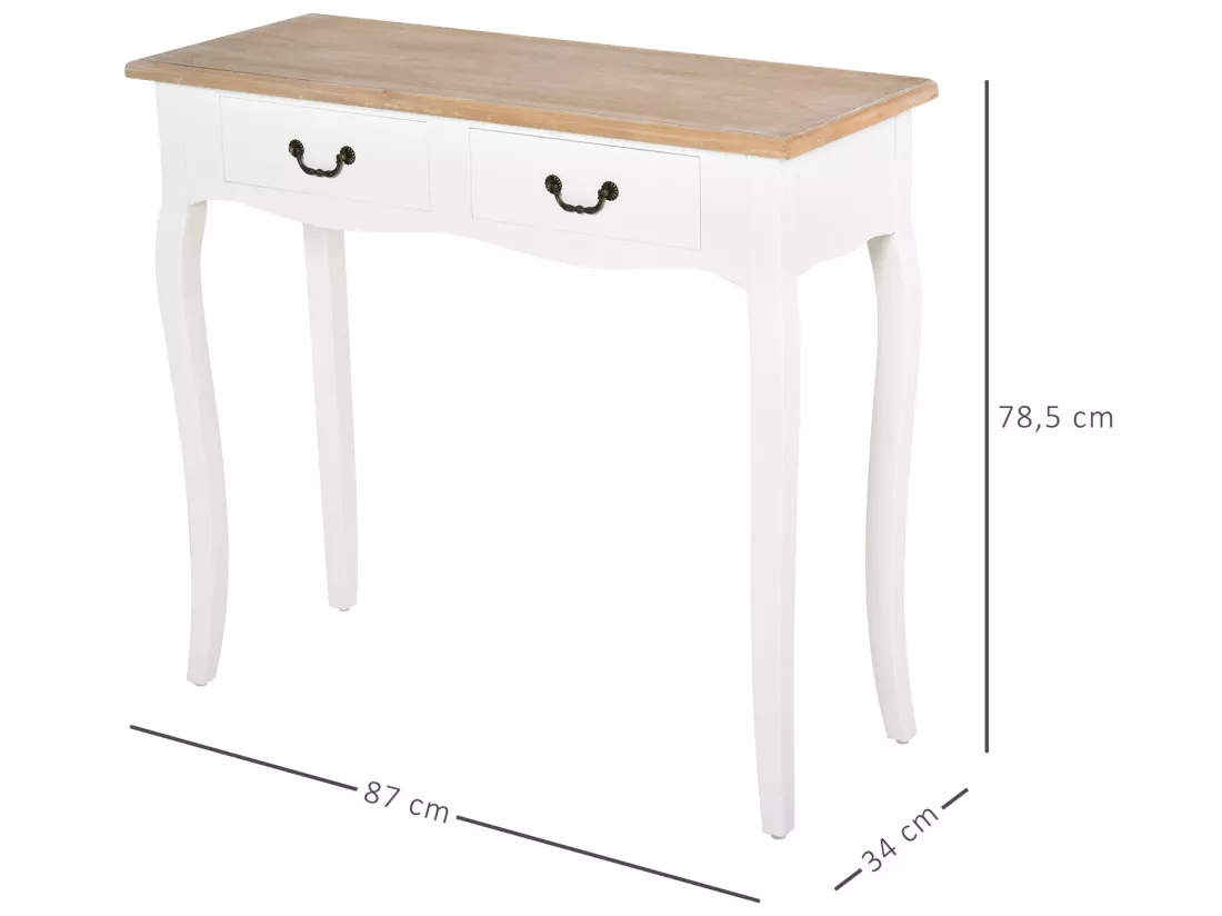 Console style table de drapier style shabby chic 2 tiroirs dim. 87L x 34l x 78H cm MDF bois massif pin clair blanc