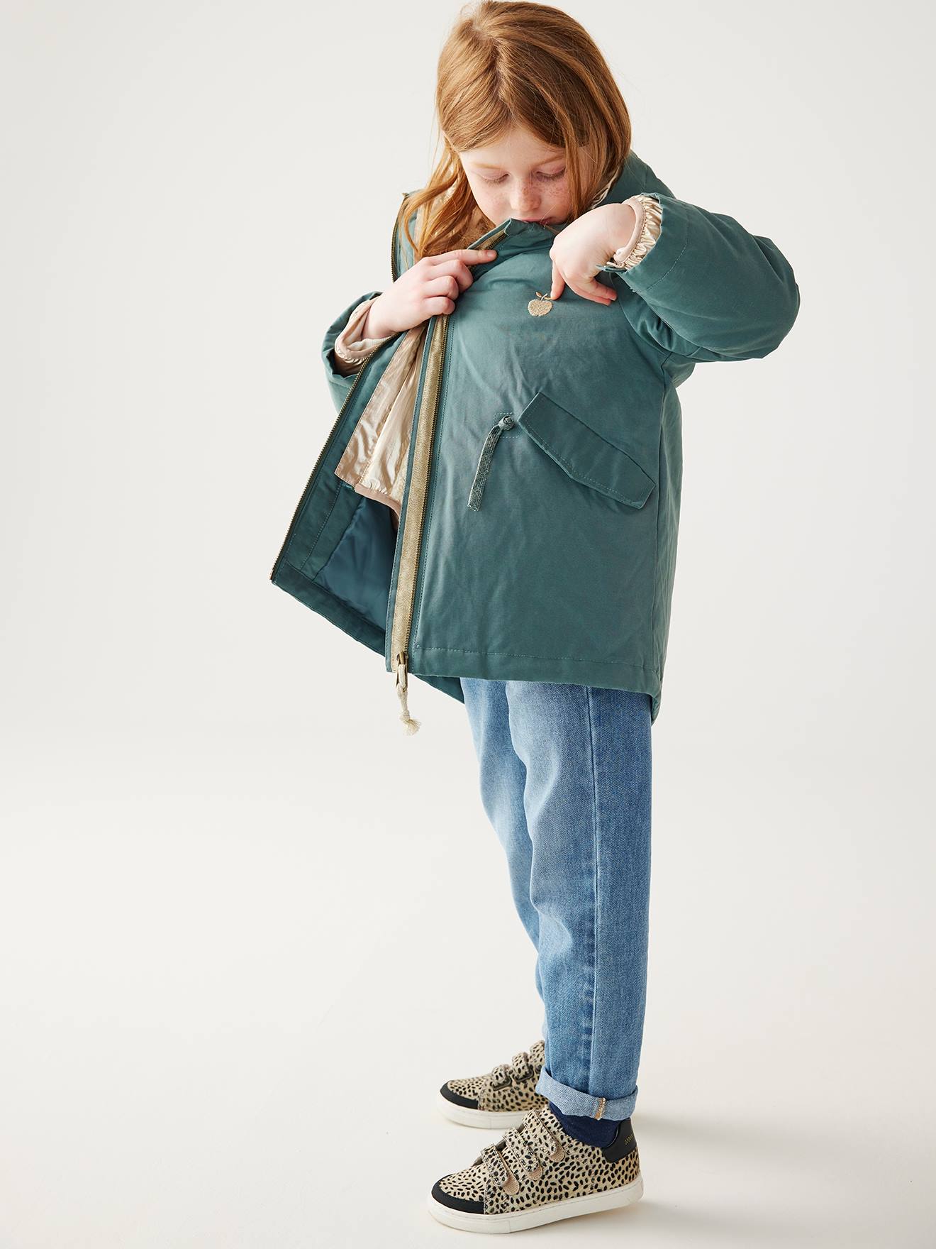 Parka verde com capuz para meninas, jaqueta acolchoada brilhante e forro de sherpa 3 em 1