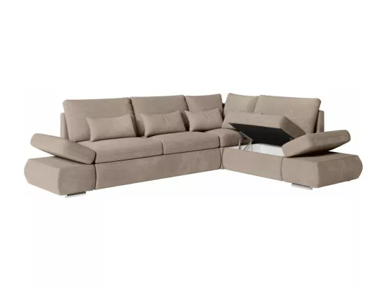 Canapé d'angle 4 places réversible Sebastian convertible avec coffre en velours côtelé - Taupe - L267 x P200 x H90cm - Loungitude
