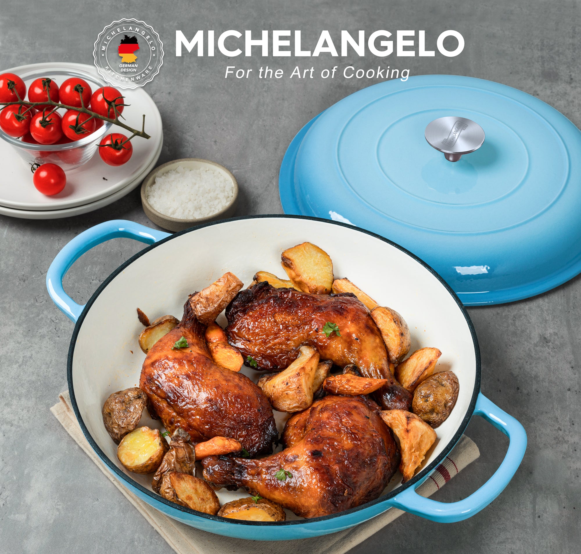 MICHELANGELO Braiser Enameled Cast Iron, 3.5 Quart Braiser Pan with Lid, Blue