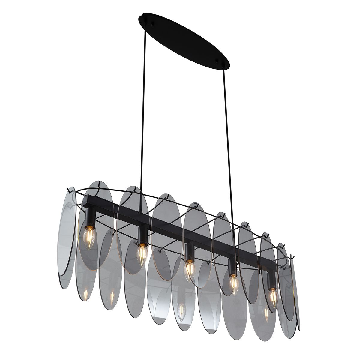 Design hanglamp zwart met smoke glas ovaal 5-lichts - Mochan