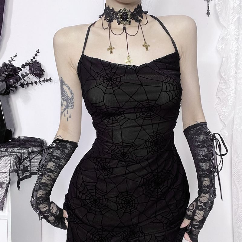 meadowdrop - Halter coltrui met spinnenwebprint en open rug van mesh, maxi-zeemeerminjurk