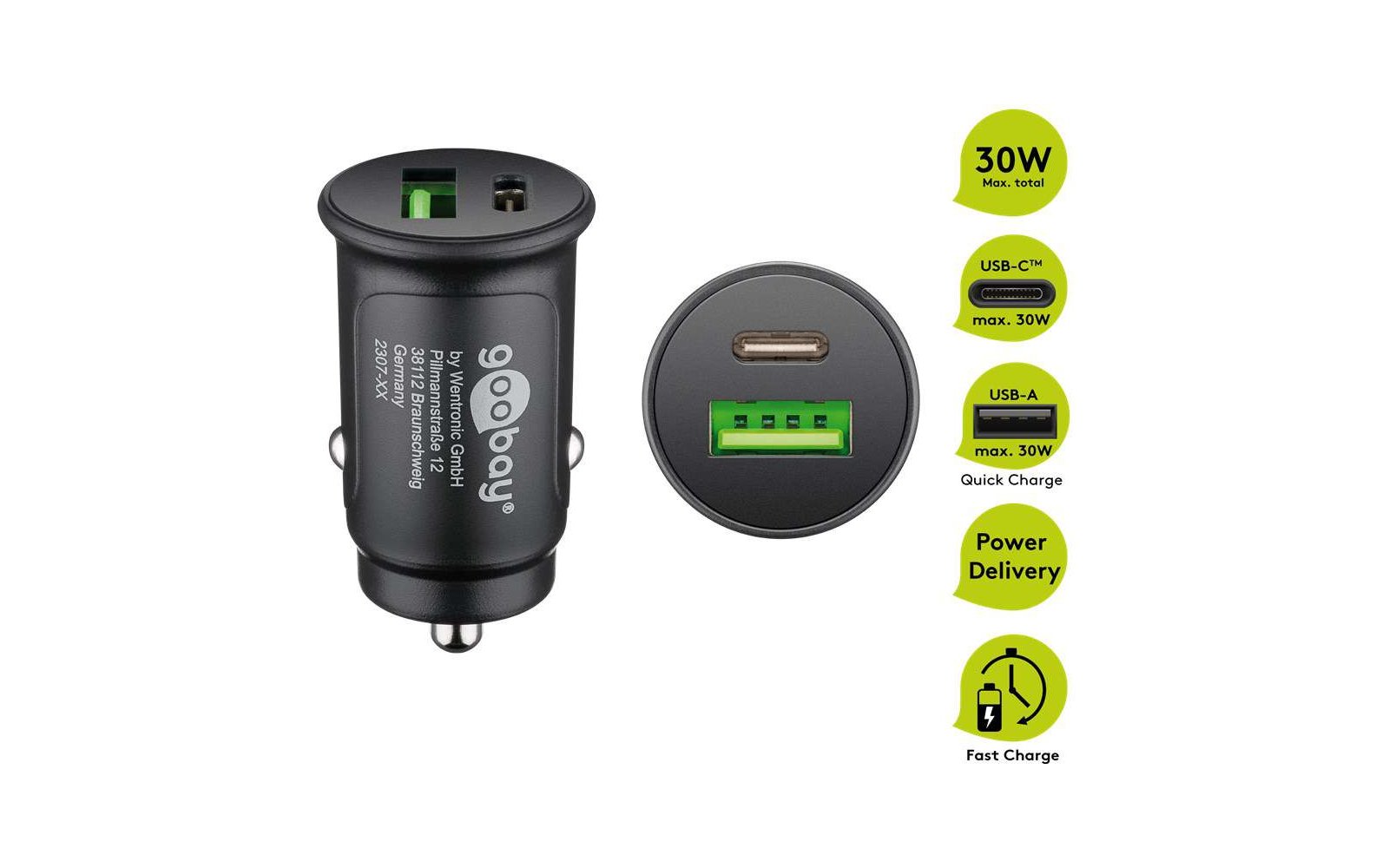 Goobay Dual-USB Auto Schnellladegerät USB-A und USB-C Power Delivery