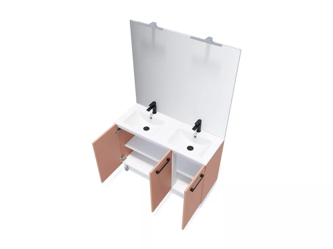 Meuble de salle de bain suspendu avec pieds double vasque intégrée 120cm 3 portes Abricot - Chelsea