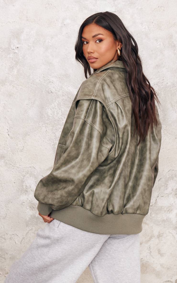 Washed Green Veste Bomber Longue Oversize En Synthétiquecuir Effet Vieilli