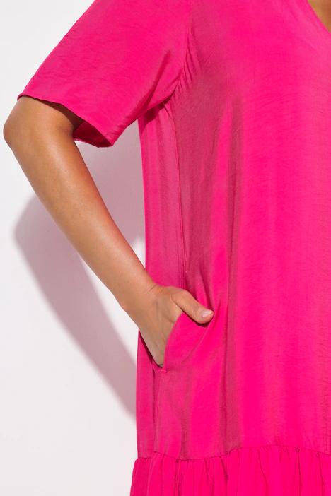 Midikleid, Volantsaum, A-Linie, V-Ausschnitt, Halbarm, pink