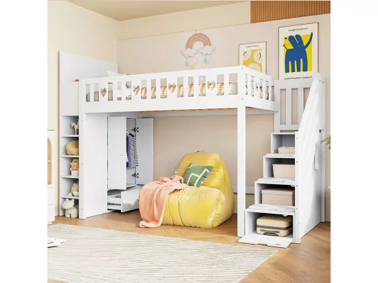 Lit en mezzanine, 90*200 cm, échelle de rangement, étagères, armoires de rangement à charnières, espace dressing sous le lit, poignées d'amour, blanc