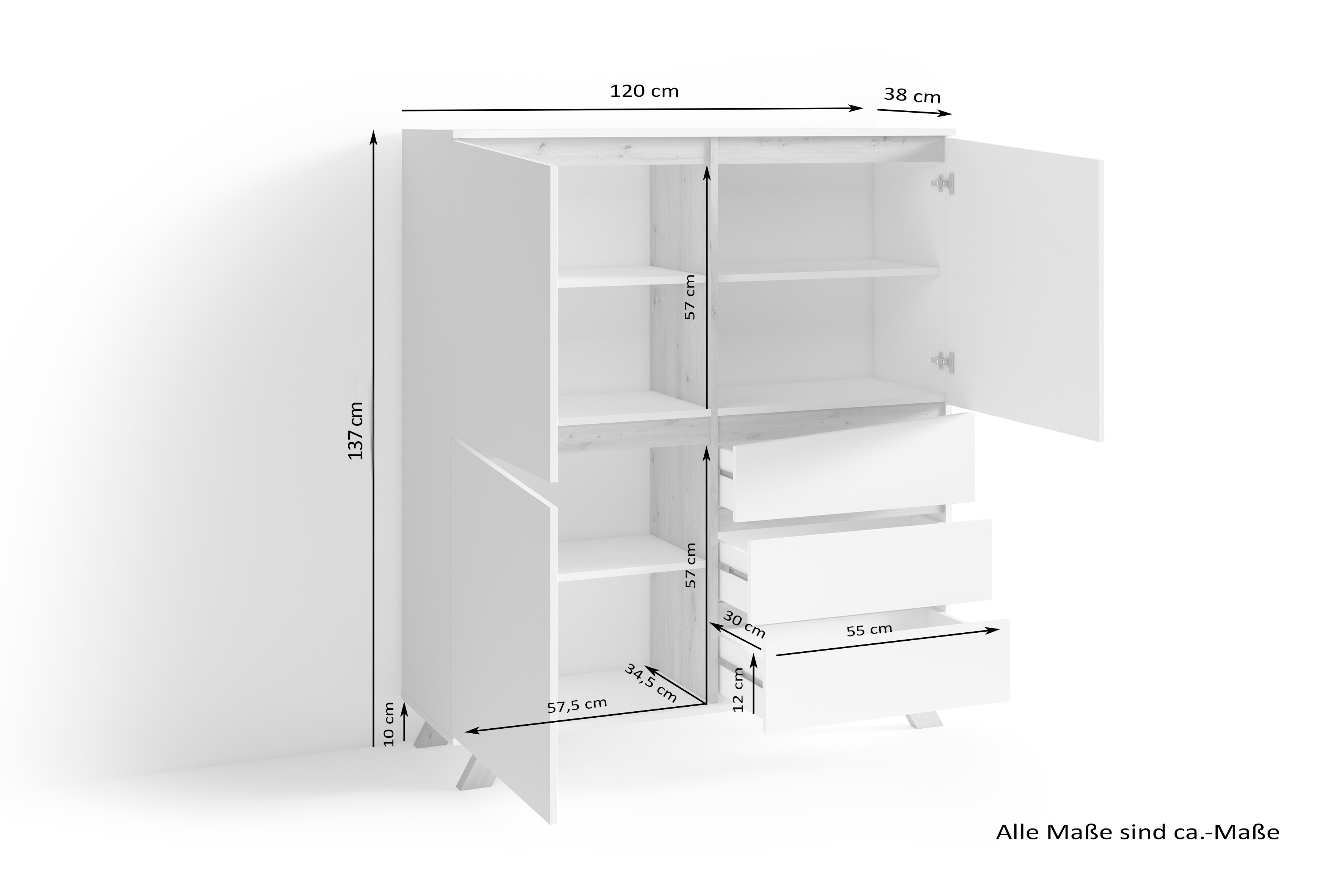 byLIVING Highboard VALENTIN, Breite 120 cm, weiß/Artisan Eiche (Eiche-Optik)
