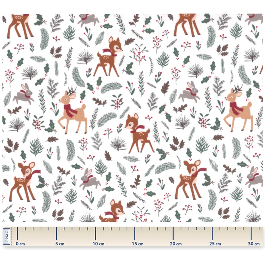 Coupon Tissu Coton 1 M - Ex2346 Noël Animaux De Noël Écru