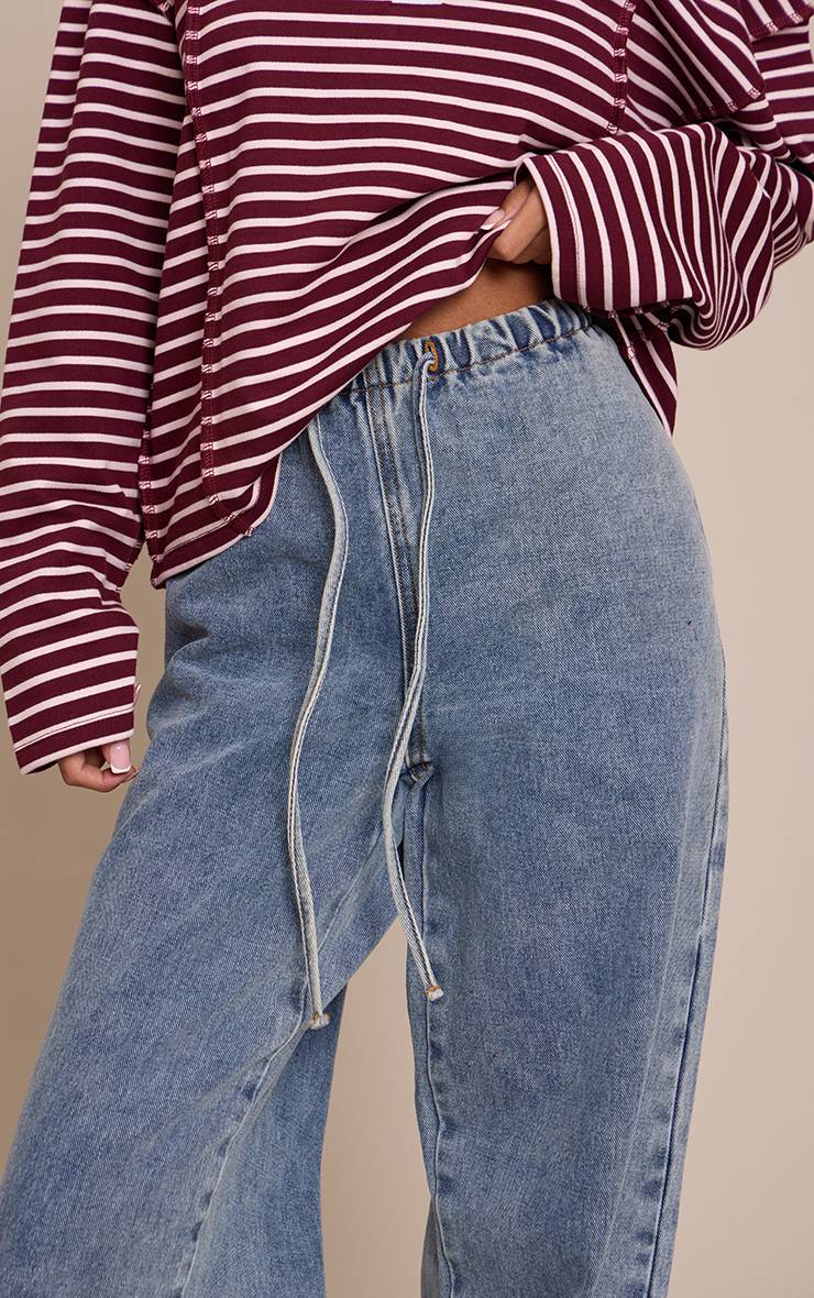 Bleu Clair Jean Large Taille Haute Élastiquée Avec Lien En Denim Petite