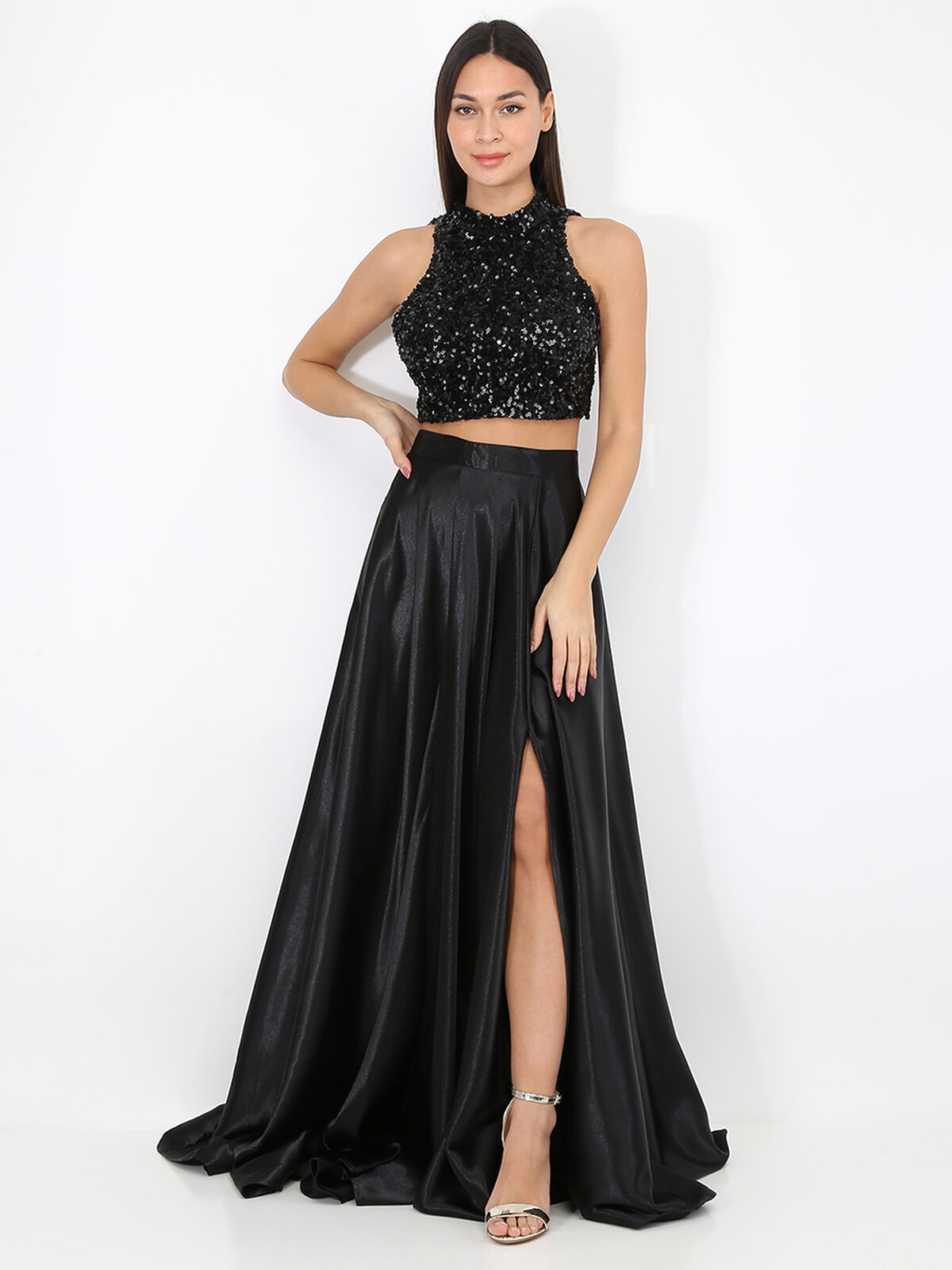 Crop top en sequins à dos carré- Noir