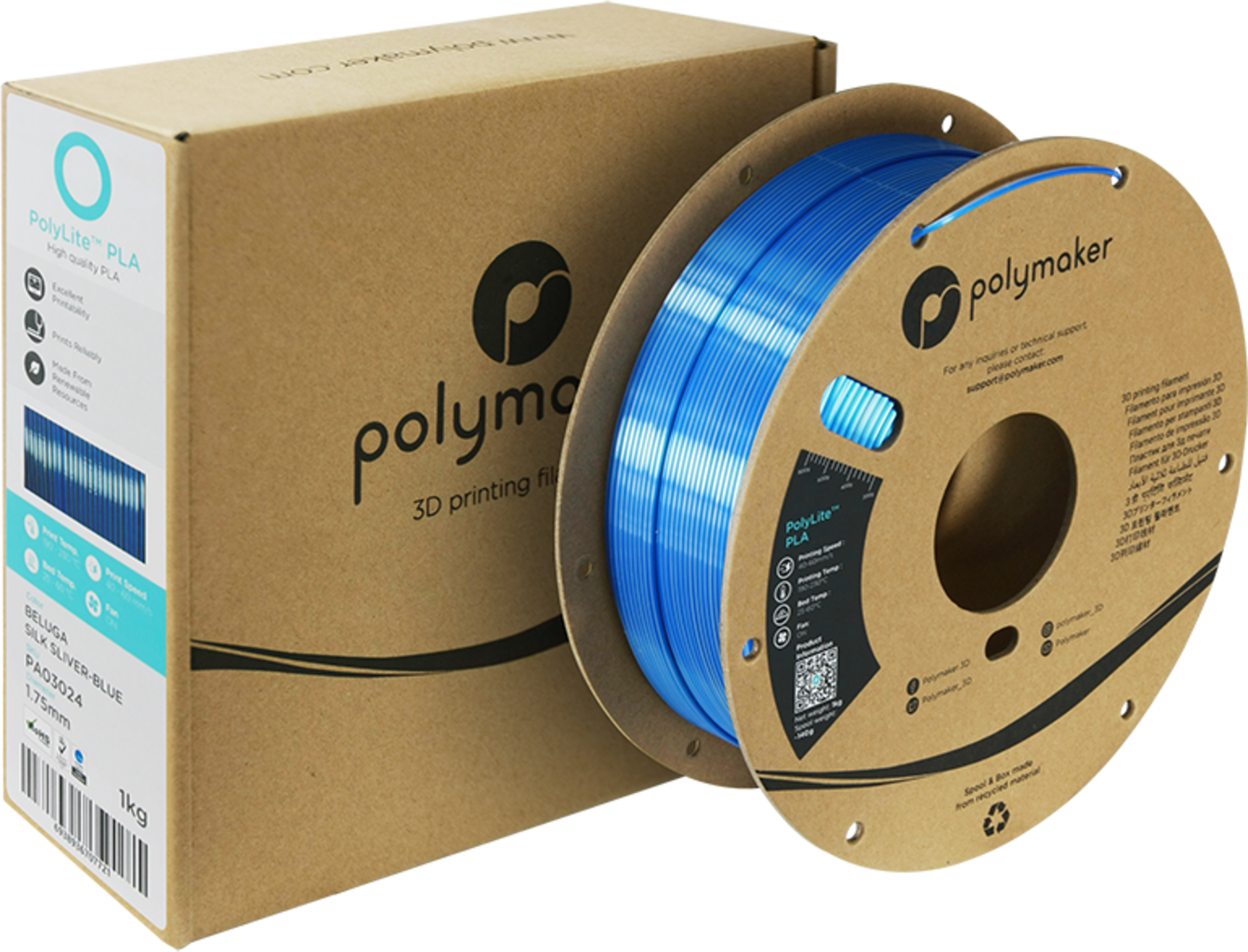 Polymaker  PolyLite Dual Silk PLA Beluga Silver-Blue, 1,75 mm / 1000 g    Zweifarbiges PLA-Filament mit seidigem Finish