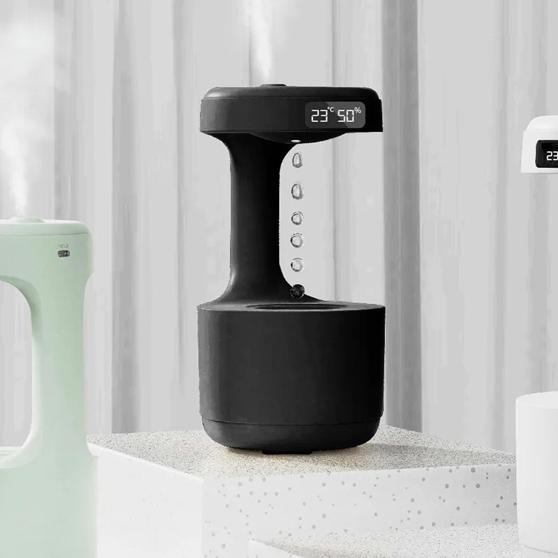 (600ml) 3 LED's Wassertropfen Luftbefeuchter USB Aroma Öl Diffuser mit LCD Display - Schwarz
