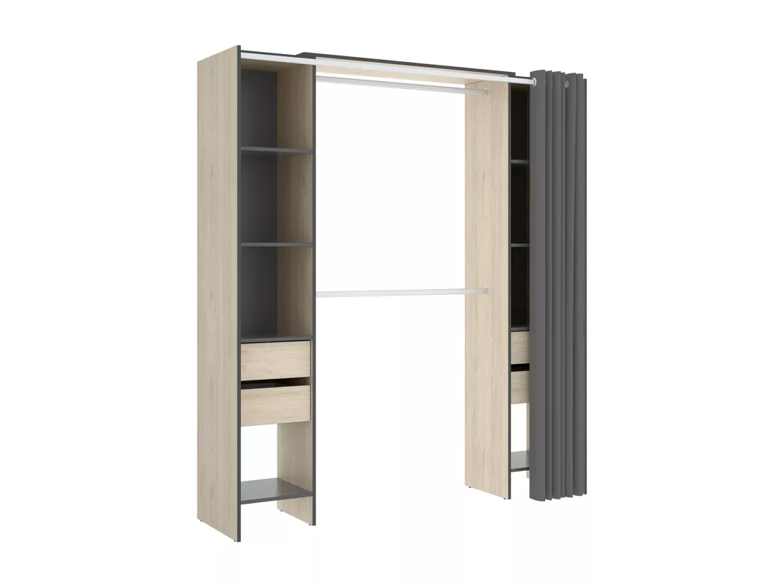 Armoire dressing avec 4 tiroirs, penderies coloris chêne naturel + rideau - Longueur 180 x Profondeur 50 x Hauteur 205 cm