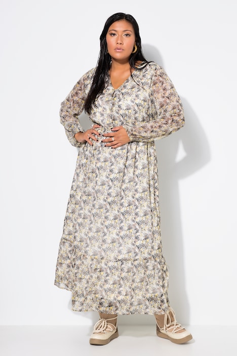 Maxikleid, A-Line, Leo Minimal, V-Ausschnitt, elastische Taille, Langarm