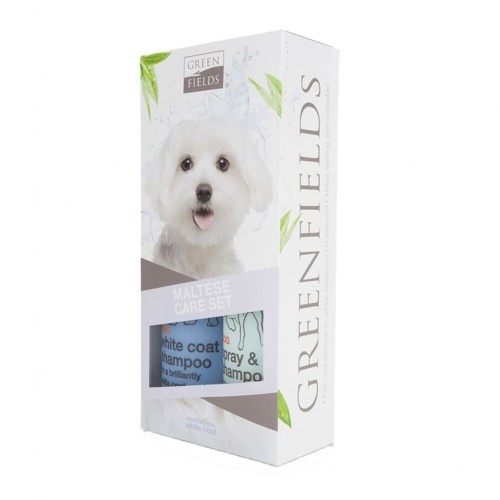 Conjunto de shampoo líquido e seco Greenfields para cães da raça Maltês