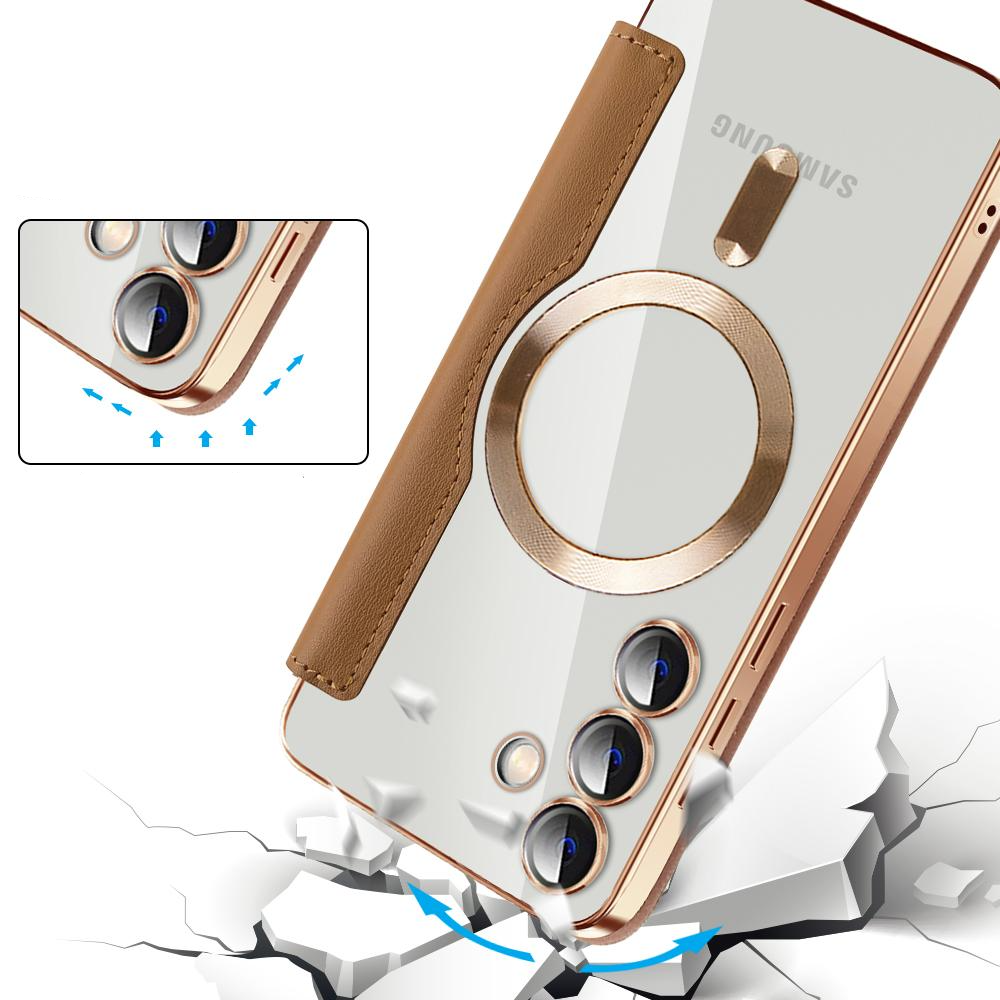 Samsung Galaxy S24 Hybrid Leder Tasche   Kunststoff Rückseite MagSafe-Modul - Braun / Transparent