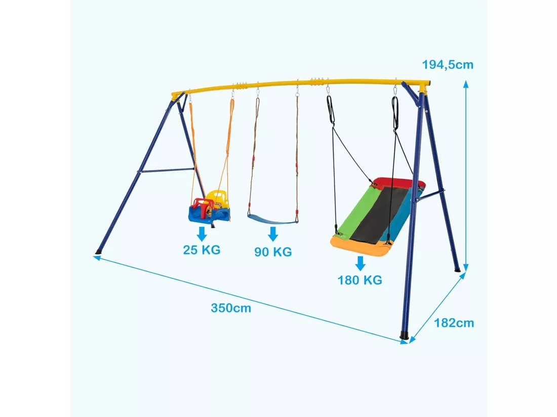 3 en 1 Balançoire Enfants Extérieur en Métal avec Siège Convertible, Balançoire en U & Balançoire Rectangulaire avec Cordes Réglables, Charge 300kg pour Enfants de 3-10 Ans…