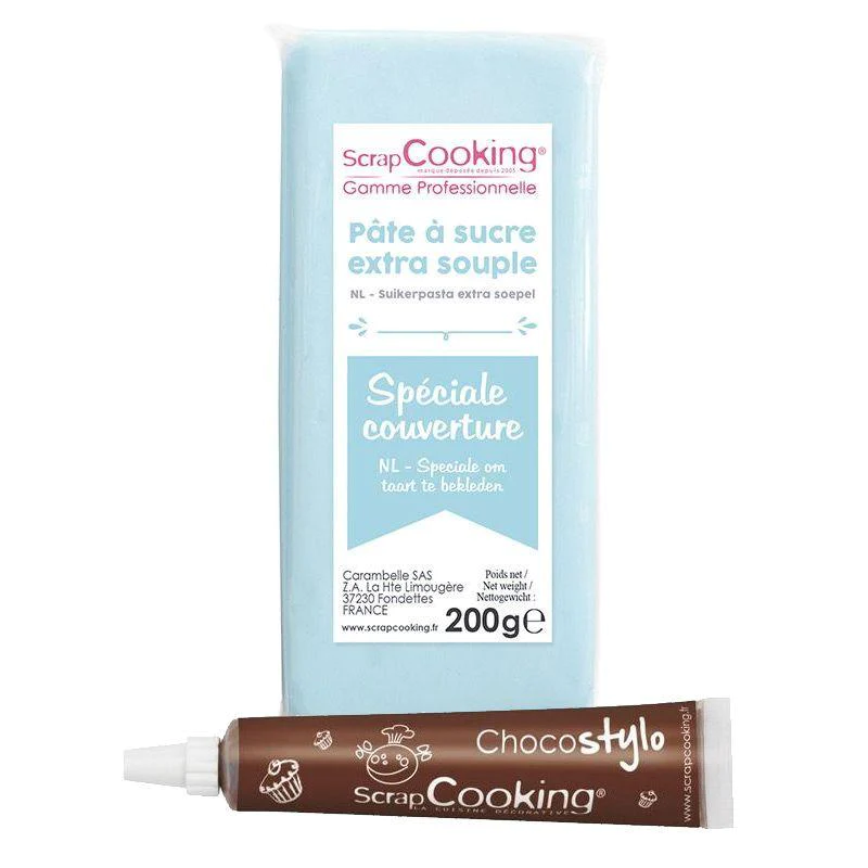 Pâte à sucre de couverture bleu clair 200 g + Stylo chocolat Scrapcook