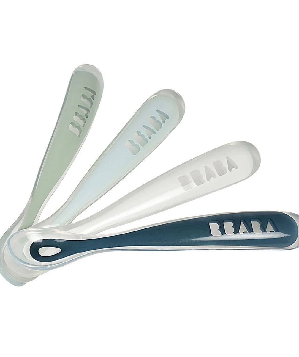 BEABALOT DE 4 CUILLÈRES PREMIER ÂGE EN SILICONE BLEU ET VERT