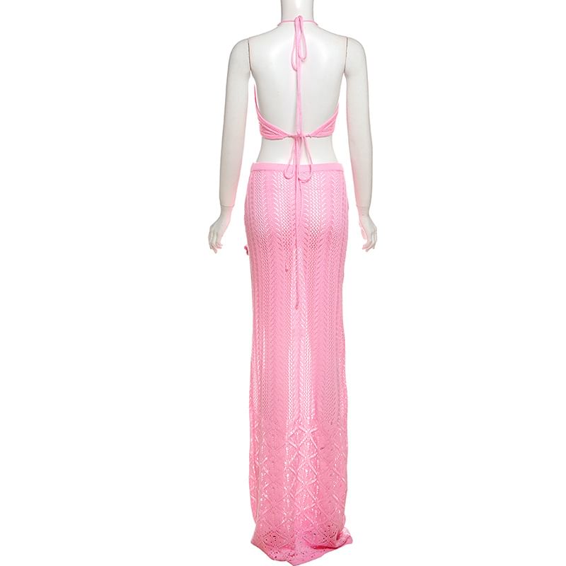 Weaveal - Set: haltertop met effen bloemenbreisel + maxi-kokerrok met gemiddelde taille
