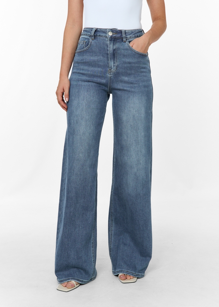 Wide leg stretch jeans navy blauw