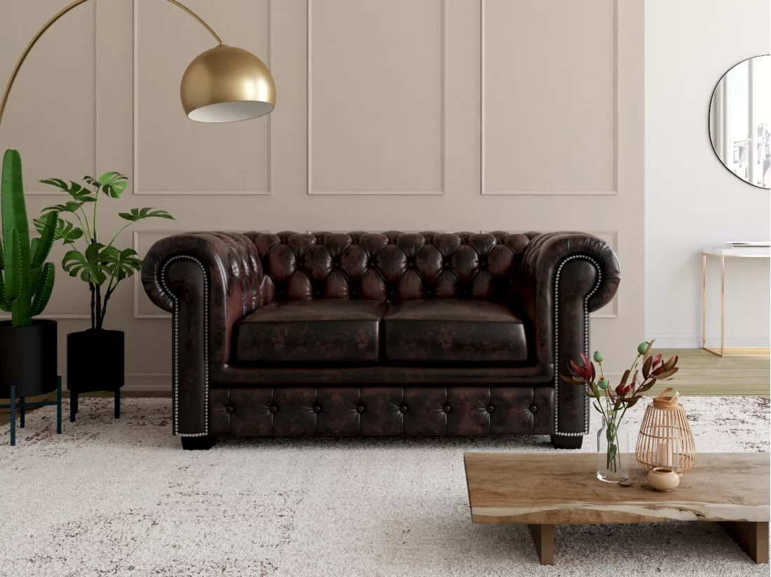 Canapé chesterfield 2 places BRENTON 100% cuir de buffle - Marron reflets châtains